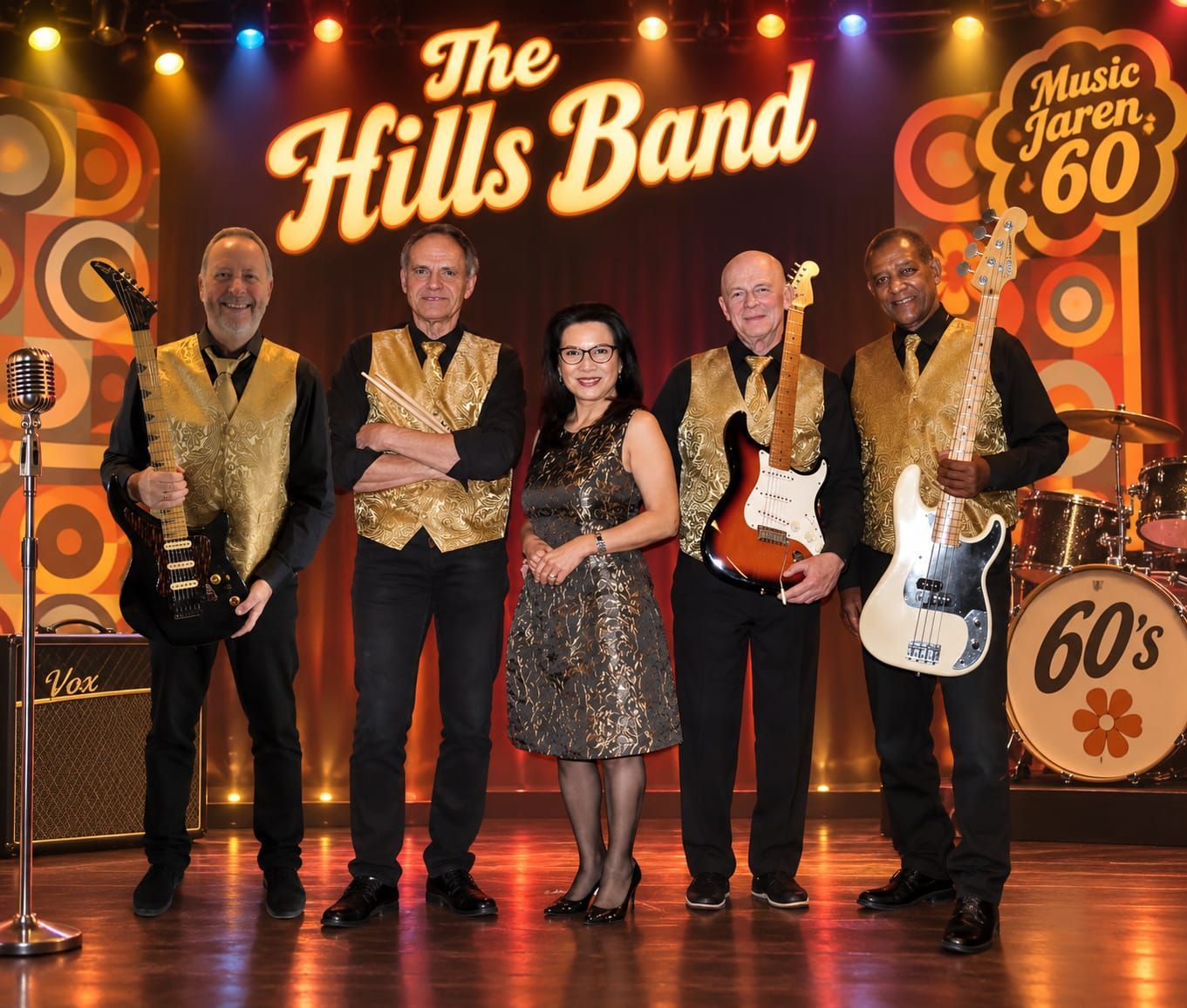 De leden van The Hills Band poseren op het podium met instrumenten, in glinsterende outfits, tegen een achtergrond in jaren 60-stijl.