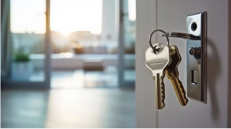 Two keys hanging in a door lock against a blurry, sunlit interior background.