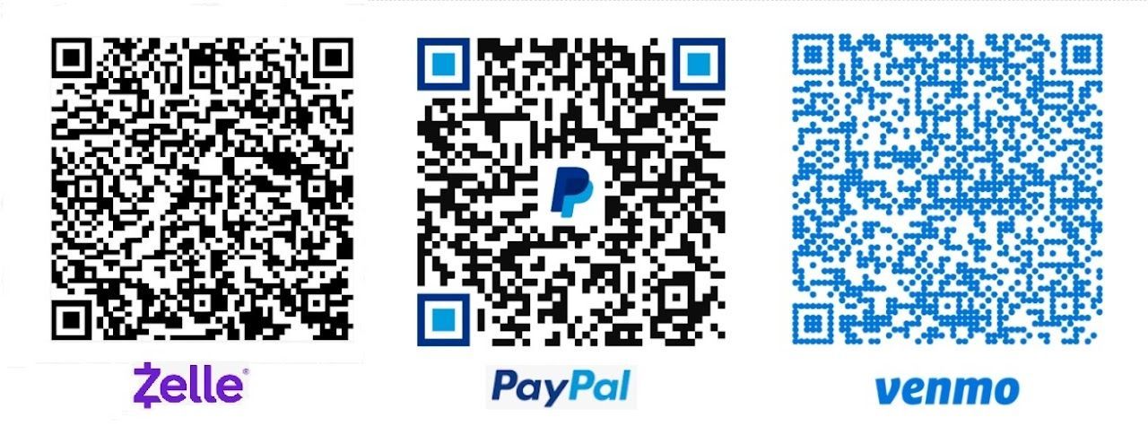 Three QR codes with labels for Zelle, PayPal, and Venmo, intended for mobile payment transactions.