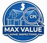 A blue circular logo for Max Value Home Inspections featuring a house blueprint, a magnifying glass, and a New Jersey map.