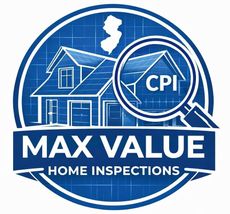A blue circular logo for Max Value Home Inspections featuring a house blueprint, a magnifying glass, and a New Jersey map.