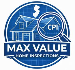 A blue circular logo for Max Value Home Inspections featuring a house blueprint, a magnifying glass, and a New Jersey map.