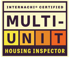 A square InterNACHI Certified Multi-Unit Housing Inspector logo with text in yellow, orange, and white on a dark background.