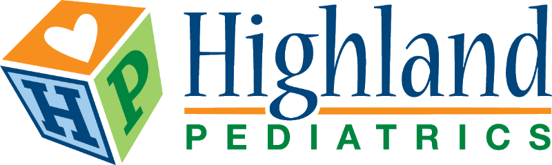 Logo for Highland Pediatrics featuring a toy block with a heart and the letters HP next to the company name.
