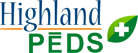 The Highland PEDS logo with blue text, an orange line, and a green leaf featuring a white medical cross.