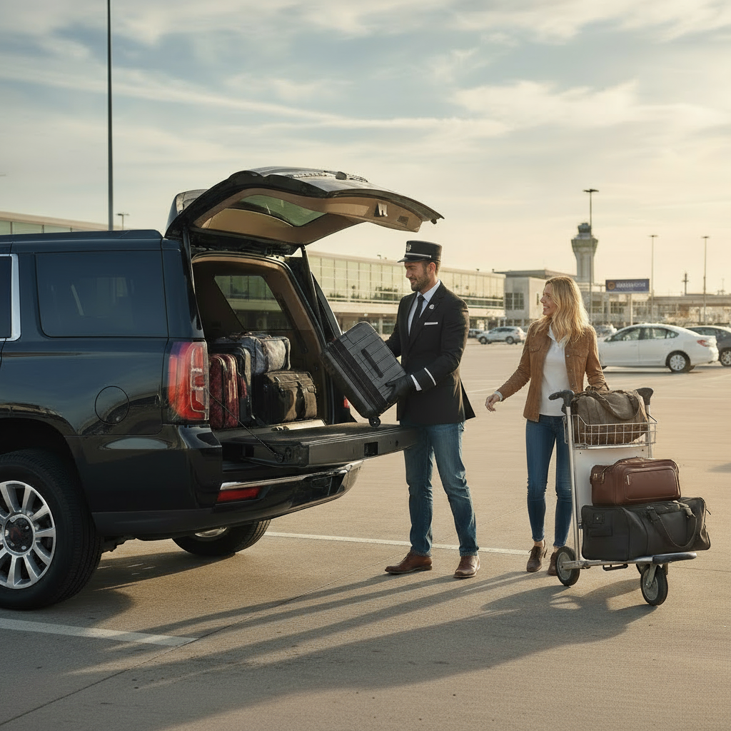 A chauffeur loads luggage into a black SUV for a blonde woman at an airport; sunny day.