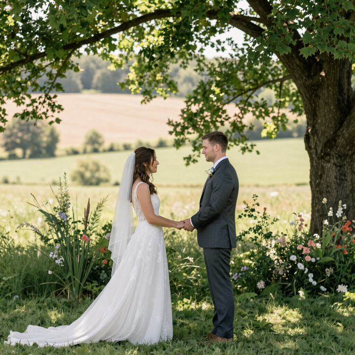 Bride and groom holding hands under a tree in a flowered field
