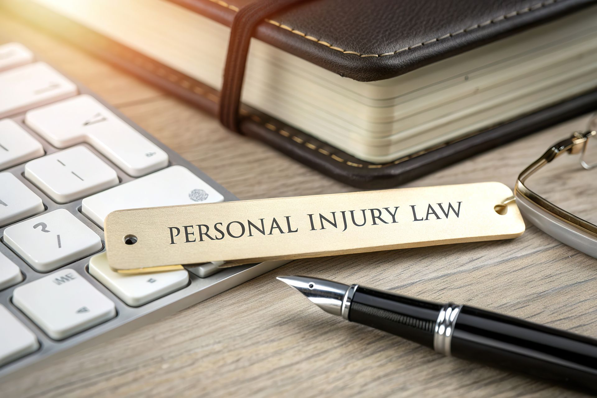 Fountain pen and keyboard with a gold tag representing a personal injury lawyer's desk.