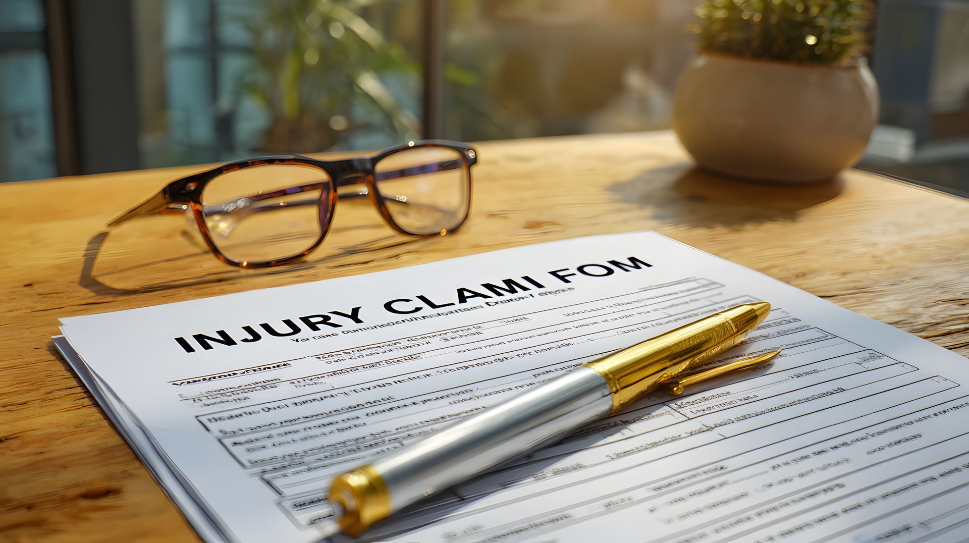 Document detailing personal injury claim resting on wooden surface next to reading glasses and a pen. Document detailing personal injury claim resting on wooden surface next to reading glasses and a pen.