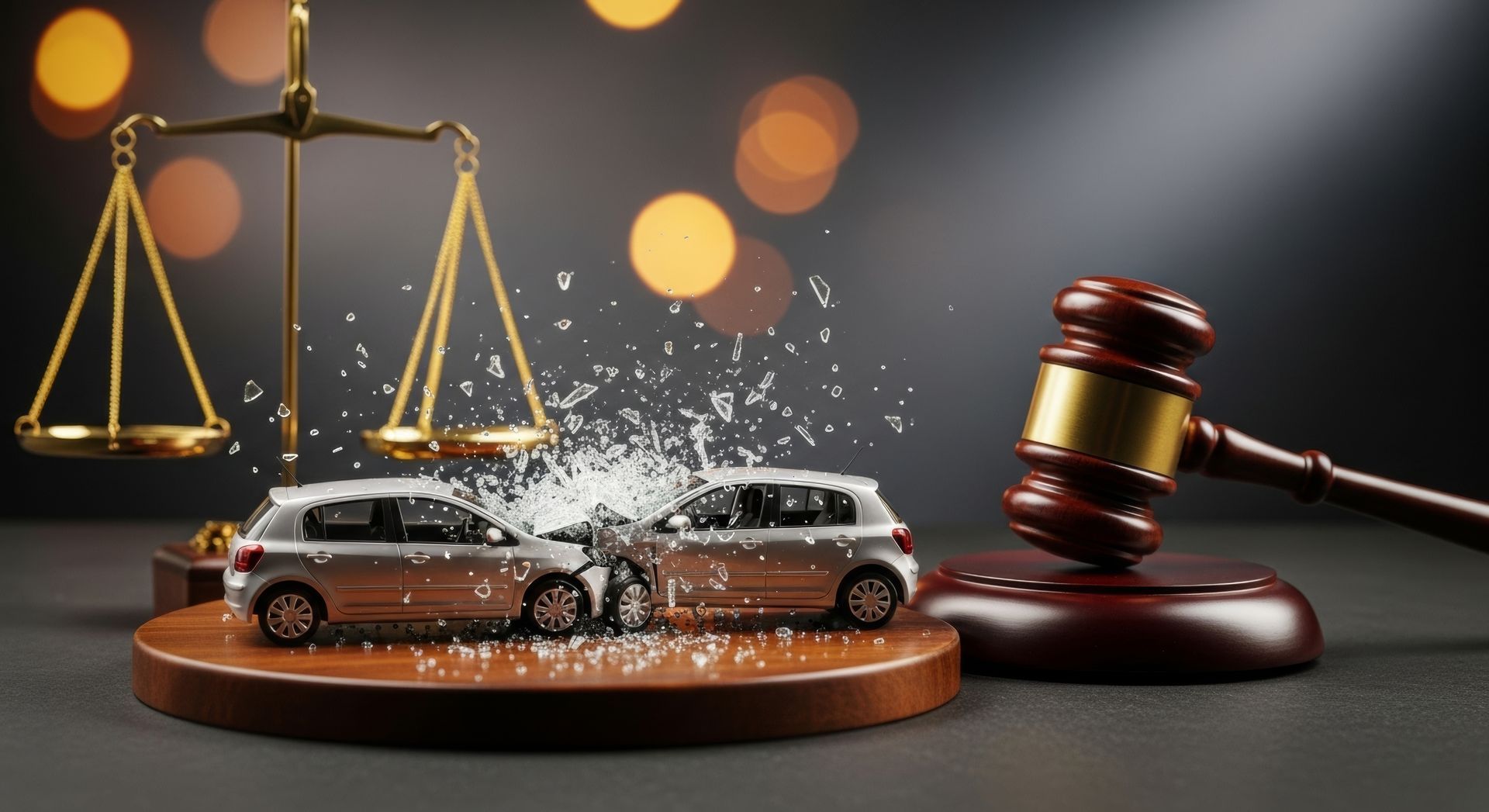 Car accident legal action: scales of justice, gavel, and collision scene Car accident legal action: scales of justice, gavel, and collision scene