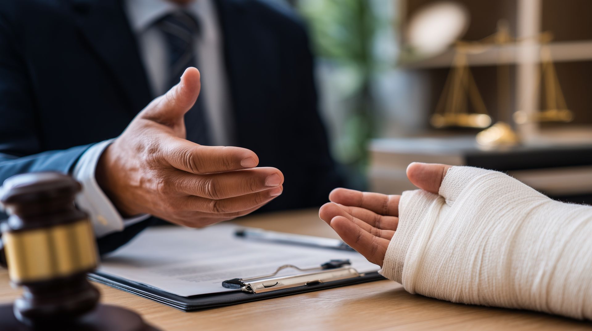 Legal consultation involving an injured client and attorney discussing an injury claim.