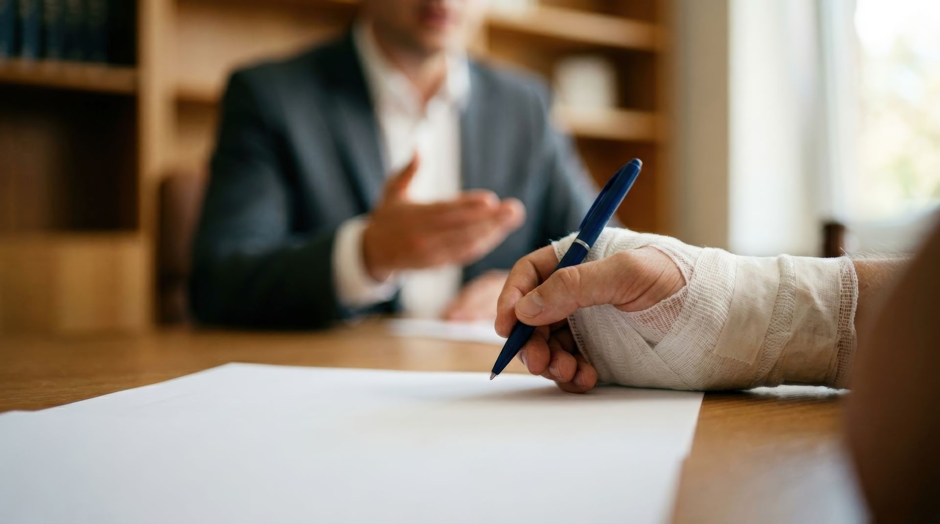 Client with bandaged hand signs legal papers during a personal injury lawyer consultation.
