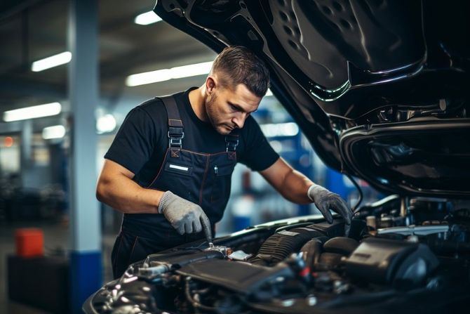 Mechanic working under a car hood in a garage, inspecting the engine with tools.