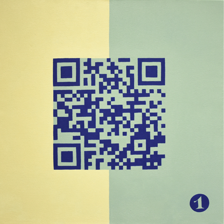 Eine Arbeit der Künstlerin Benita von Wendt die einen dunkelblauen QR-Code auf gelb und grünem Hintergrund zeigt, der mit einem animierten Text verlinkt ist.