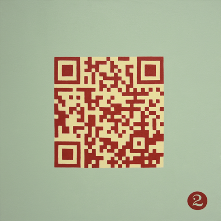 Eine Arbeit der Künstlerin Benita von Wendt die einen dunkelroten QR-Code auf grünem Hintergrund zeigt, der mit einem animierten Text verlinkt ist.
