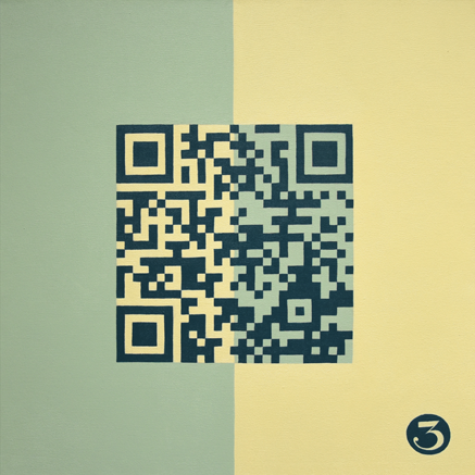 Eine Arbeit der Künstlerin Benita von Wendt die einen türkisfarbenen QR-Code auf gelb und grünem Hintergrund zeigt, der mit einem animierten Text verlinkt ist.