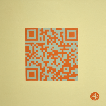 Eine Arbeit der Künstlerin Benita von Wendt die einen orangenen QR-Code auf gelbem Hintergrund zeigt, der mit einem animierten Text verlinkt ist.