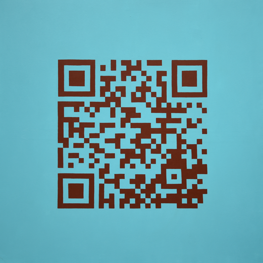 Eine Arbeit der Künstlerin Benita von Wendt die einen Dunkelbraunen QR-Code auf hellblauem Hintergrund Zeigt, der mit einem Animierten Text verlinkt ist.