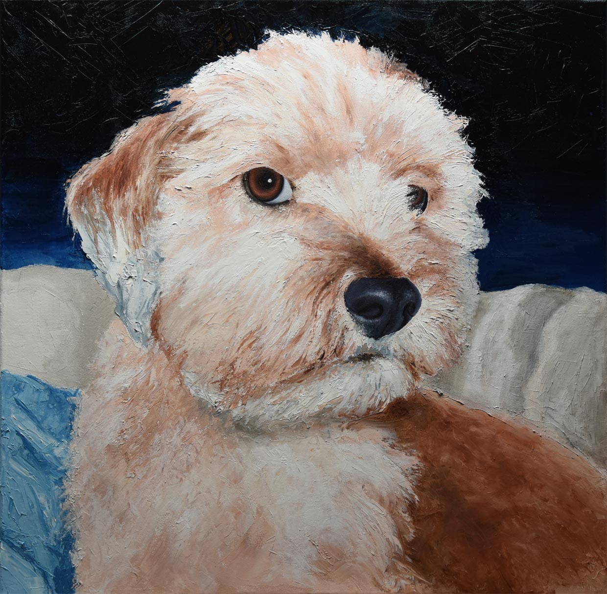 Portrait gemalt von Benita von Wendt, von einem Tibetterrier, Öl- und Acrylfarbe auf Leinwand