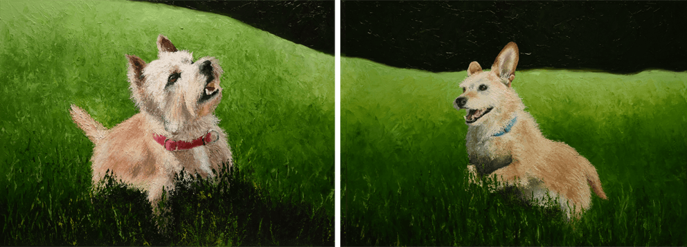 Portrait von 2 Hunden in einer angedeuteten Landschaft gemalt von Benita von Wendt.