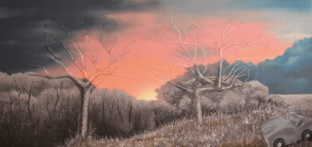 Gegenständliches Bild der Künstlerin Benita von Wendt, gemalt mit Acryl- und Ölfarben auf Leinwand. Titel: Man in the Car.
In einer Winterlichen Landschaft erkennt man rechts im Bild ein Holzspielzeugauto in dem ein Holzmännchen sitzt.