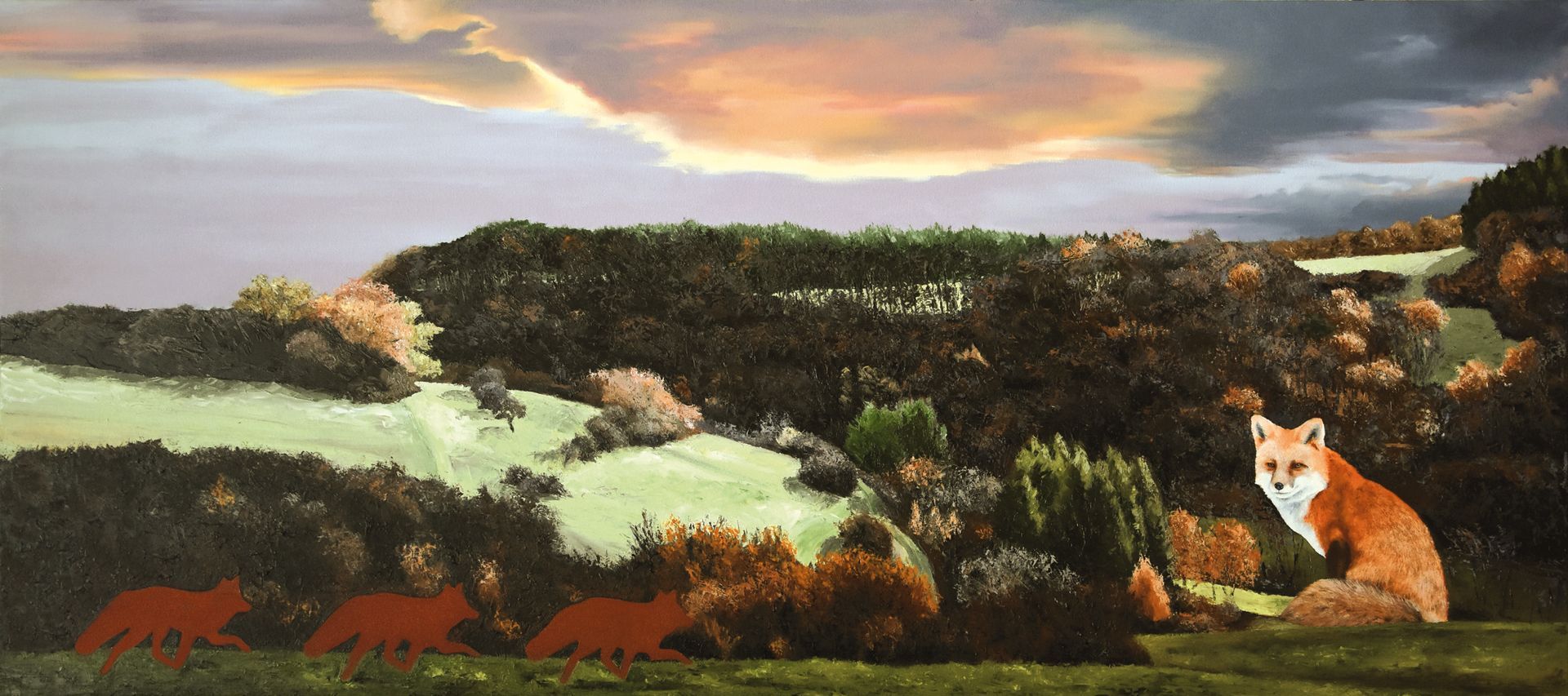 Gegenständliches Bild der Künstlerin Benita von Wendt. Gemaltes Bild von einer herbstlichen Hügellandschaft mit sitzendem Fuchs. Acryl- und Ölfarbe.