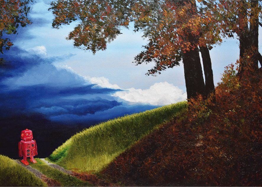 Gegenständliches Bild der Künstlerin Benita von Wendt, gemalt mit Acryl- und Ölfarben auf Leinwand. Titel: Robot.
In einer Sommerlandschaft auf einem Weg steht ein Blechspielzeug-Roboter.