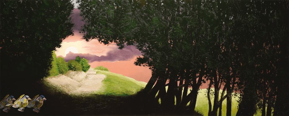 Gegenständliches Bild der Künstlerin Benita von Wendt, gemalt mit Acryl- und Ölfarben auf Leinwand. Titel: TinTin.
Blick von einem Waldweg hinaus auf eine Wiesenlandschaft. Links im Bild sitzen 3 Blechvögel die wie Blaumeisen aussehen.