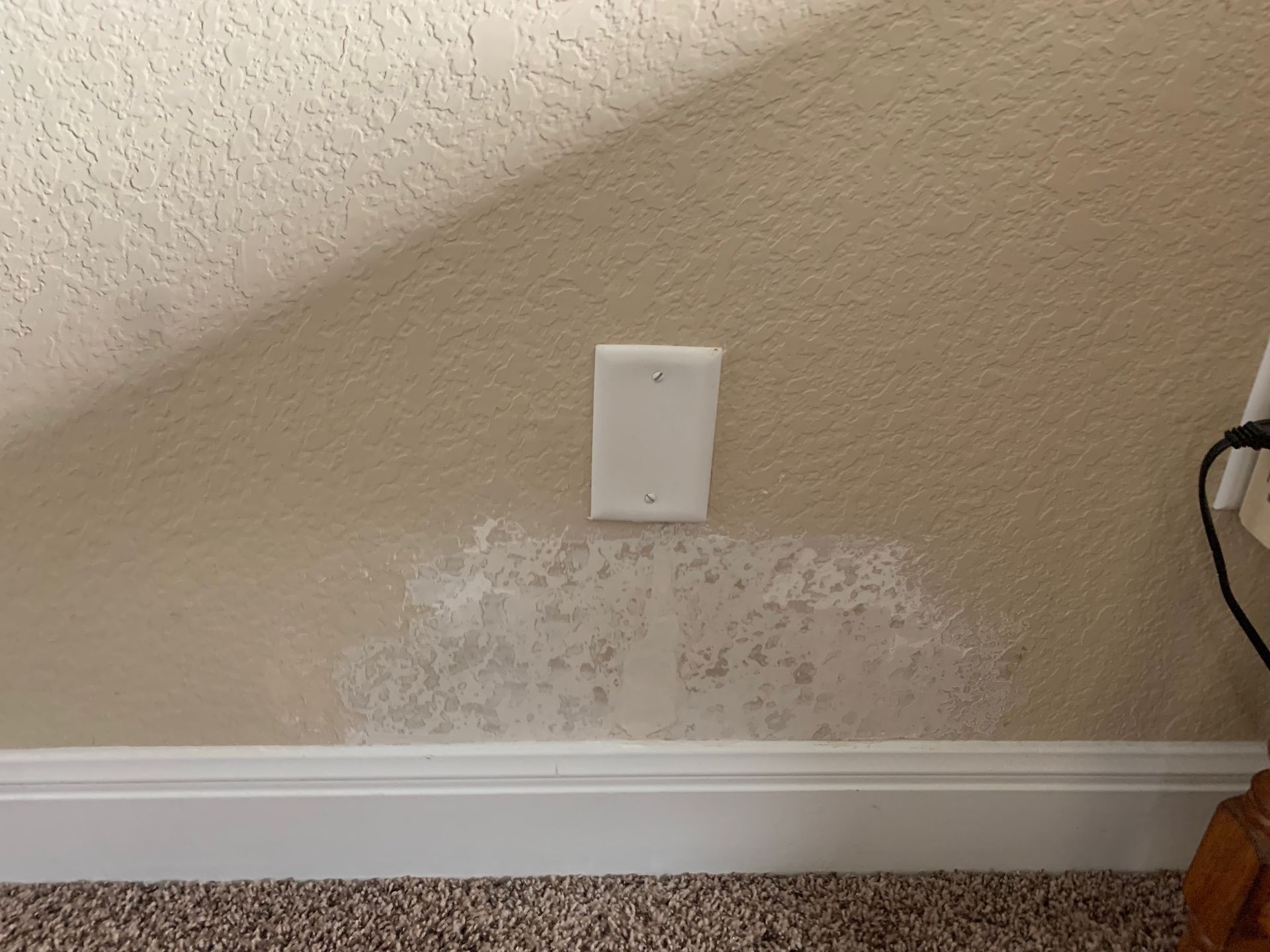 There is a light switch on the wall next to a carpeted floor.