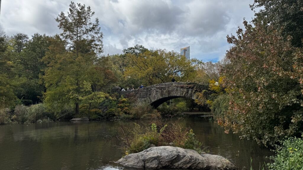 Stone bridge over a calm river in a wooded park under cloudy skies