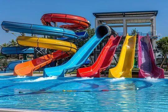 Colorful water slides at an outdoor pool, with blue, red, yellow, orange, and purple slides splashing into the water
