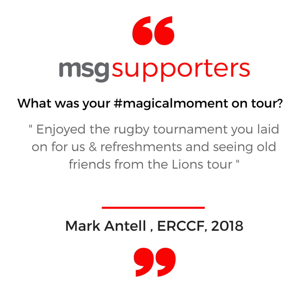 Msugsupporters quote card with red quotation marks and a fan testimonial about a rugby tour highlight