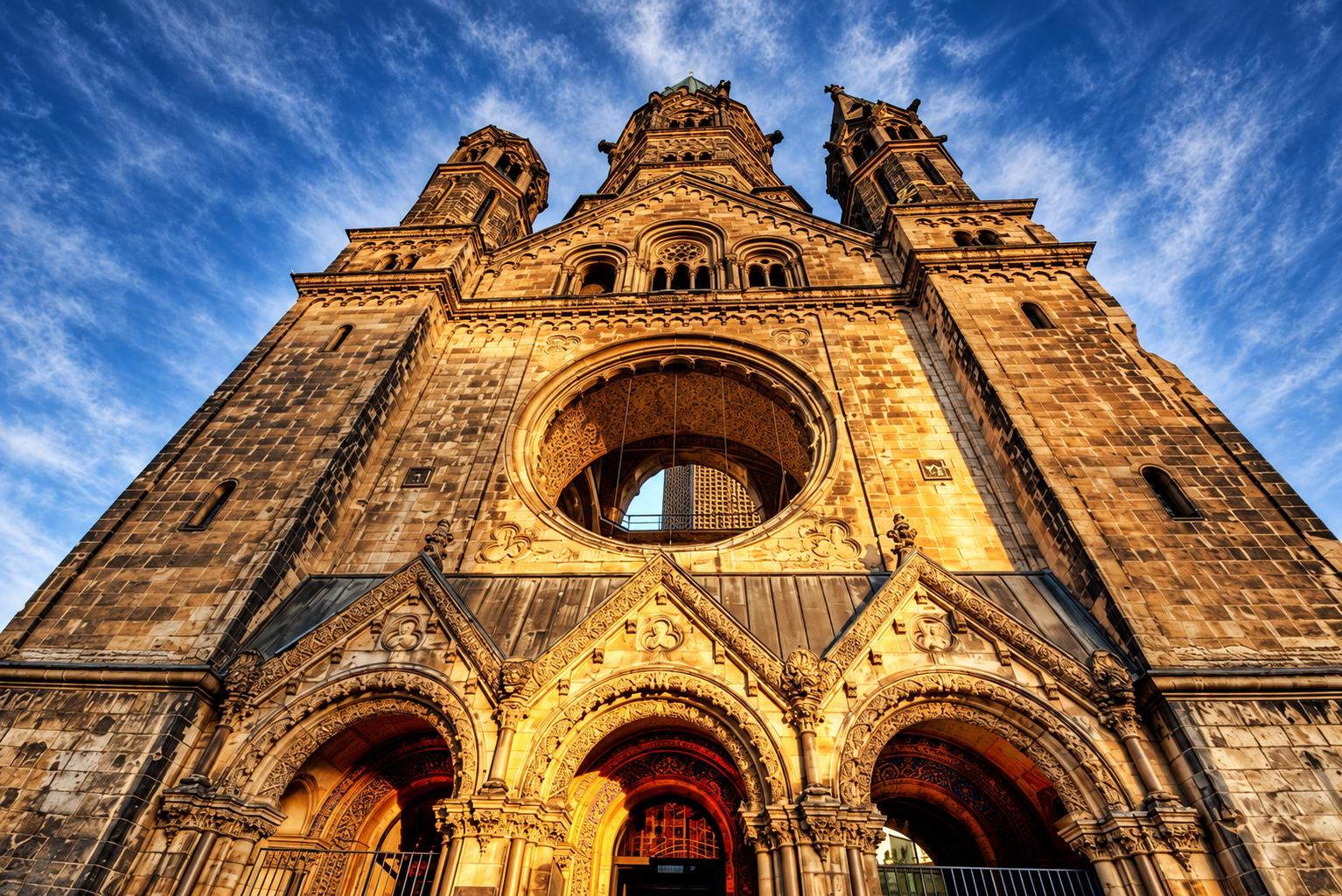 Ornate stone cathedral facade with large circular window against a blue sky