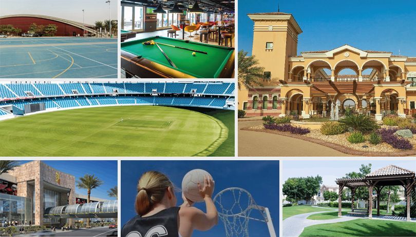 Collage of sports and campus facilities: tennis court, pool, stadium, buildings, basketball hoop, and gazebo