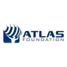 Atlas Foundation logo in blue and gray with stylized hand and globe icon
