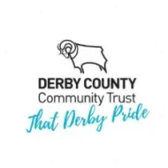 Derby County Community Trust logo with black text and teal script, featuring a white ram icon and “That Derby Pride” tagline