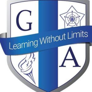 School crest with blue and silver shield, letters G and A, torch icon, and banner reading “Learning Without Limits”