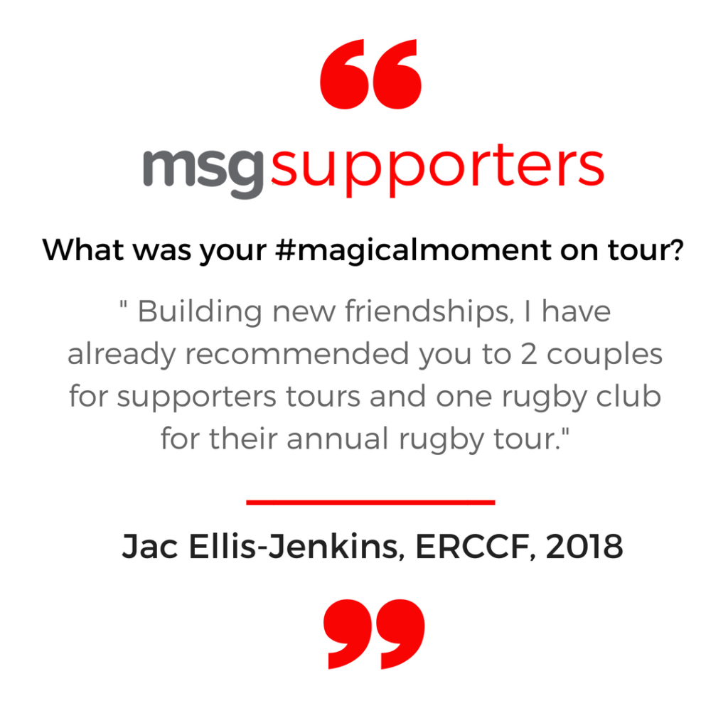 Msg supporters quote graphic on white background with red quotation marks and black text about making new friends on tour