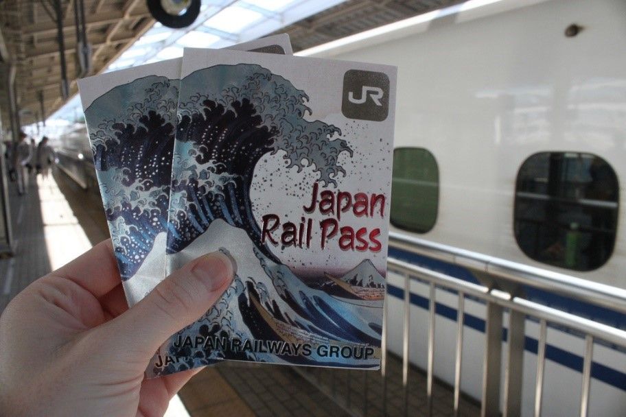 Hand holding a Japan Rail Pass in front of a JR train at a station platform