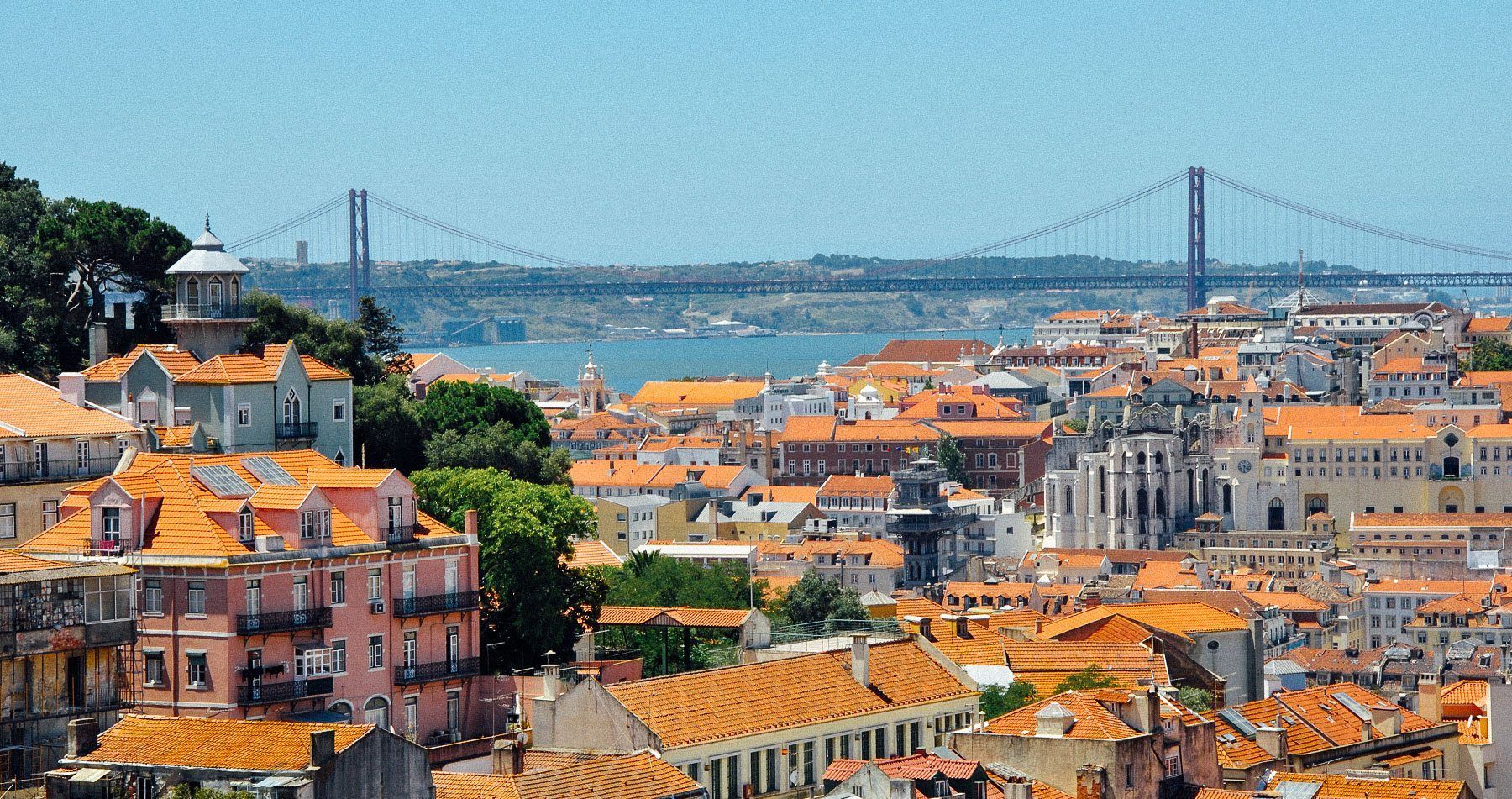Panoramic view of Lisbon with orange rooftops, a river, and a distant suspension bridge under a clear sky