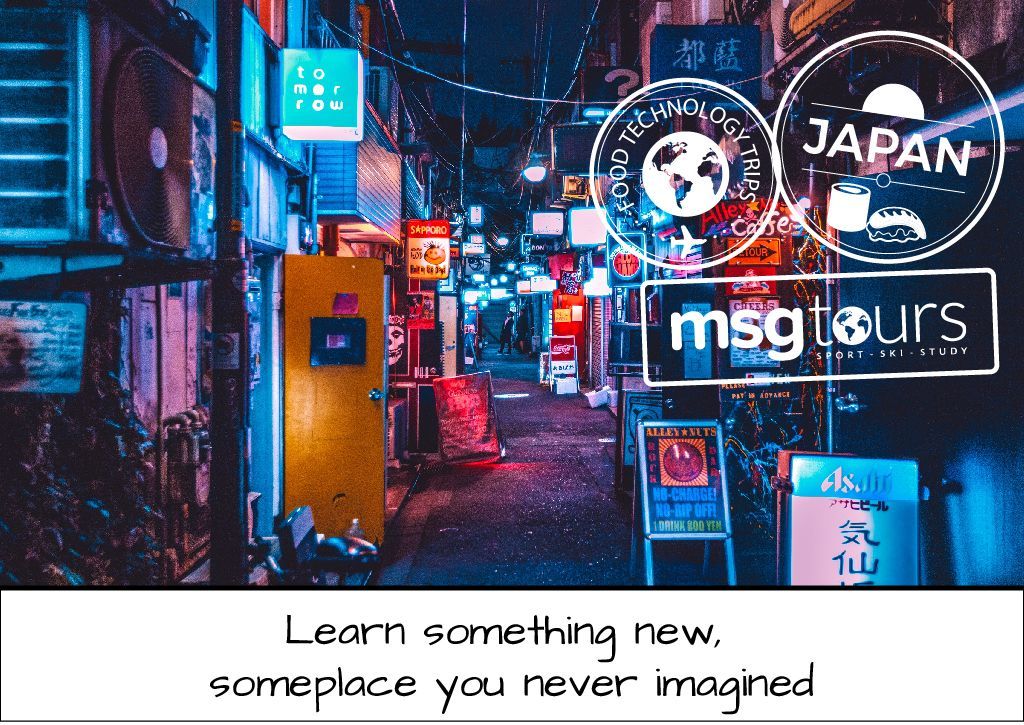Neon-lit Japanese alley with glowing signs and text: “Learn something new. Someplace you never imagined”