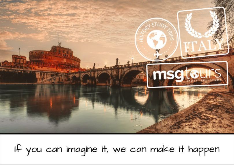 Sunset over a riverside castle with travel logos and the slogan, “If you can imagine it, we can make it happen.”