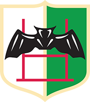 Black bat over red geometric frame on a white-and-green shield emblem