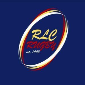 RLC Rugby logo on blue background with red, white, and yellow oval swoosh, est. 1993