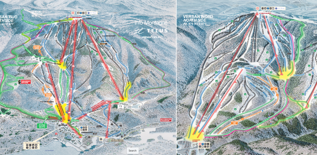 Split-screen mountain route map with multicolored climbing paths and arrows over terrain