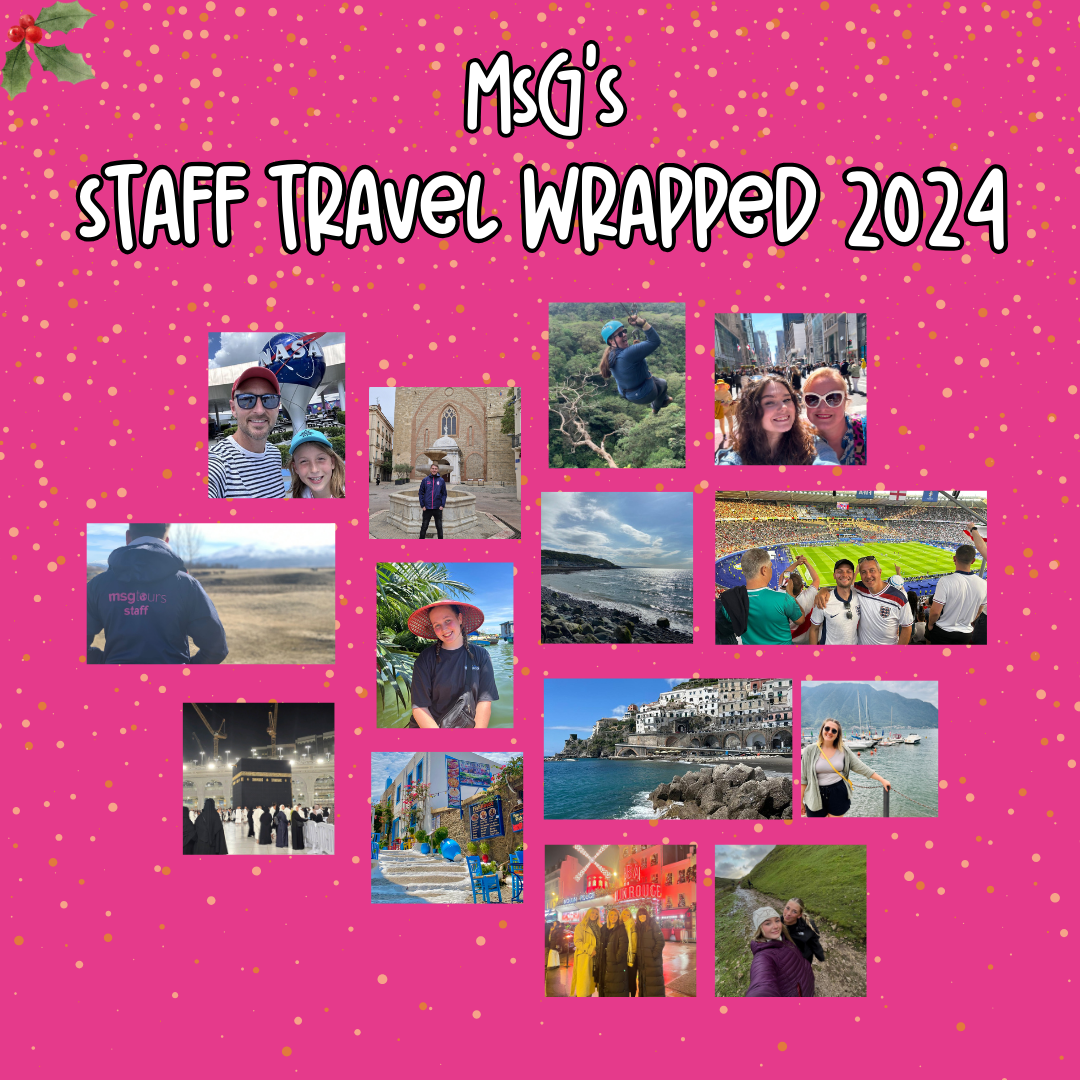 MSG’s Staff Travel Wrapped 2024 collage on a pink confetti background with multiple travel photos