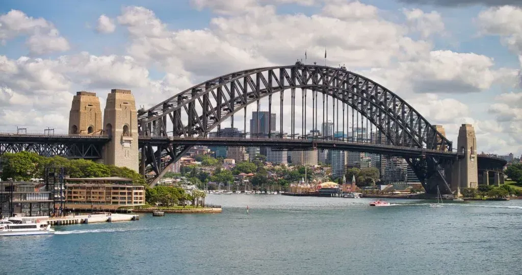 Sydney Harbour Bridge over water with city skyline and partly cloudy sky