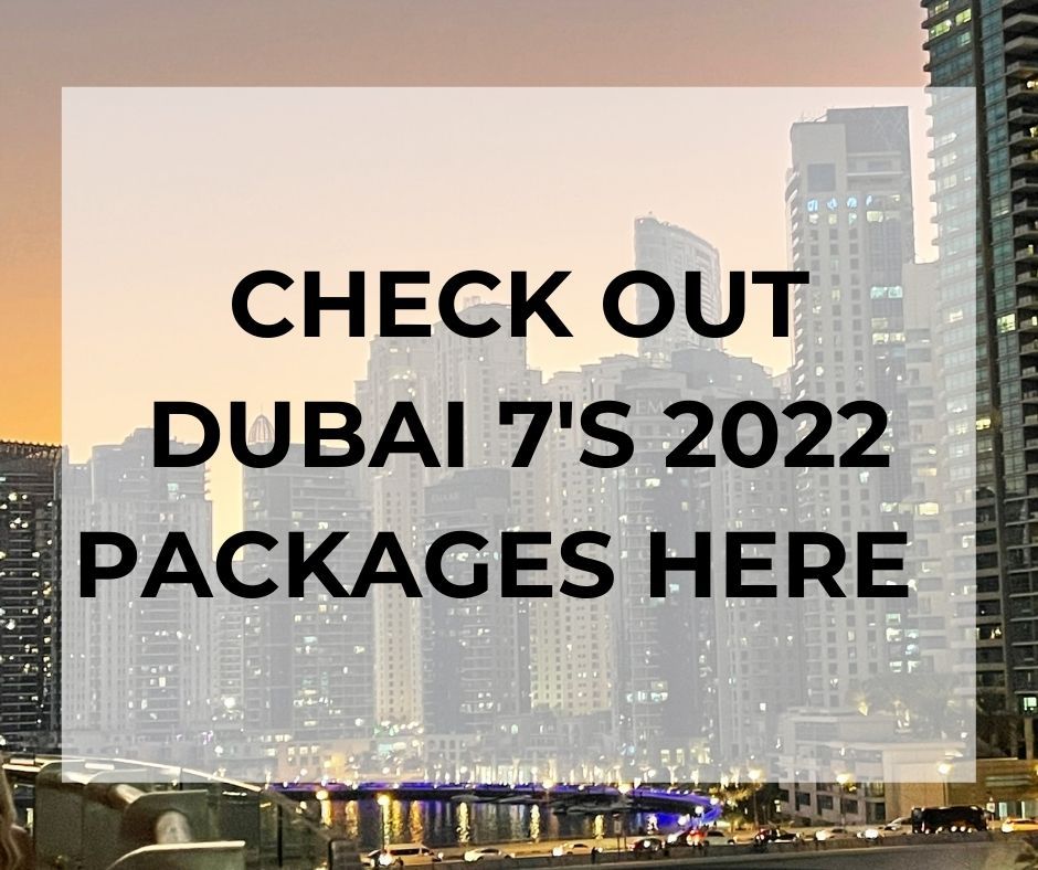 City skyline at sunset with bold text: “CHECK OUT DUBAI 7'S 2022 PACKAGES HERE”