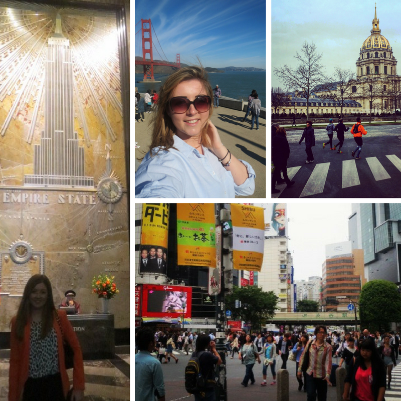 Travel collage: Empire State Building, selfie by Golden Gate Bridge, Tokyo crosswalk, and a building interior.