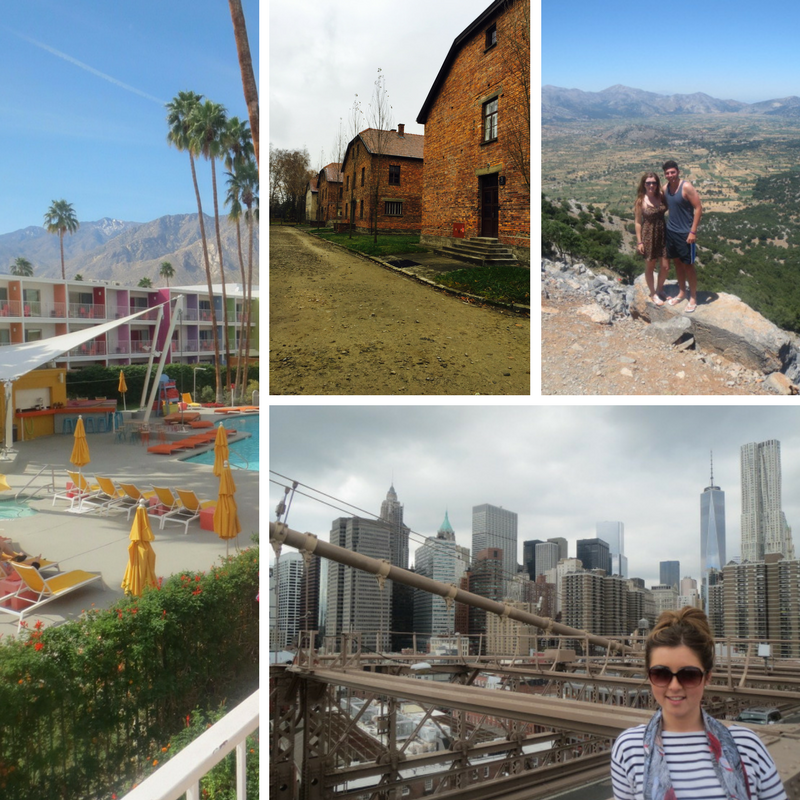 Collage of four travel photos: colorful street scene, stone building, mountain overlook, and city skyline bridge